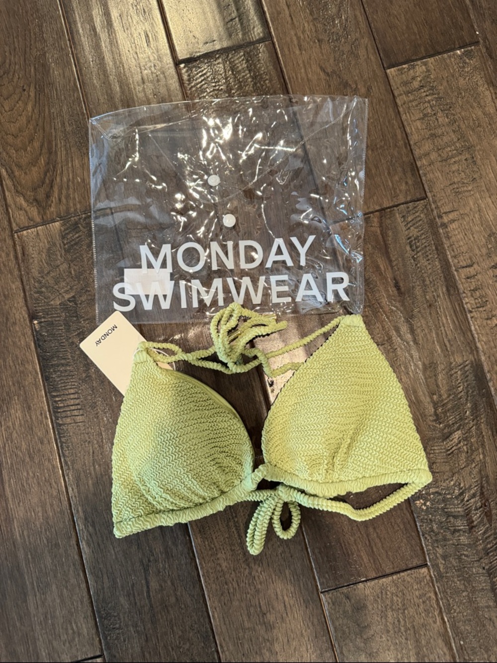 Monday Swimwear Avocado  Crinkle Triangle Bikini Top with Adjustable Ties